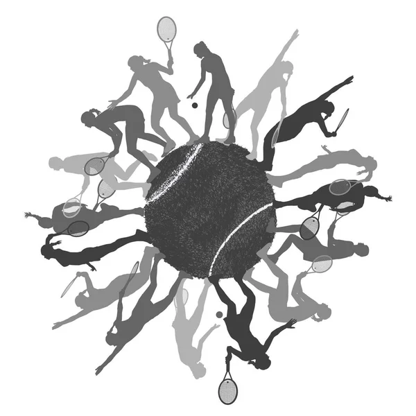 Concept de tennis avec silhouettes de joueur de balle et de femme — Image vectorielle