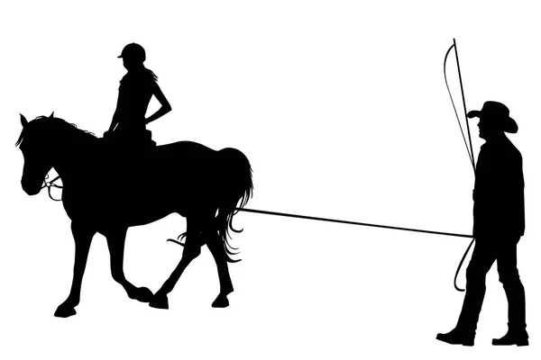 Девушка едет на лошади со своим тренером — стоковый вектор
