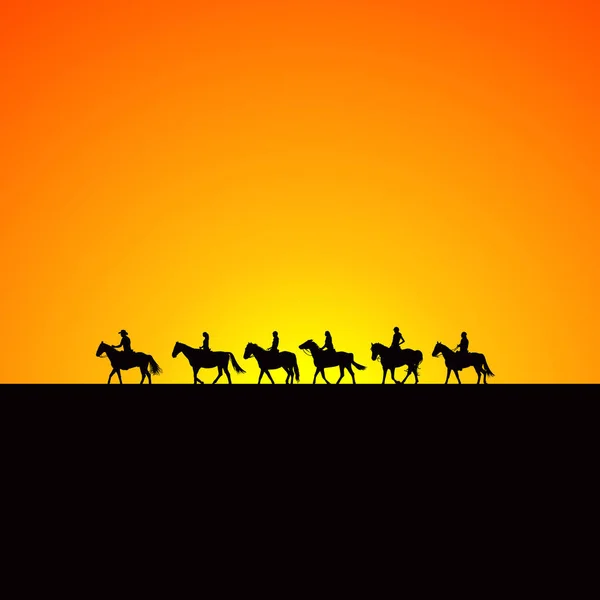 Sylwetki zawodników konia o wschodzie słońca — Wektor stockowy