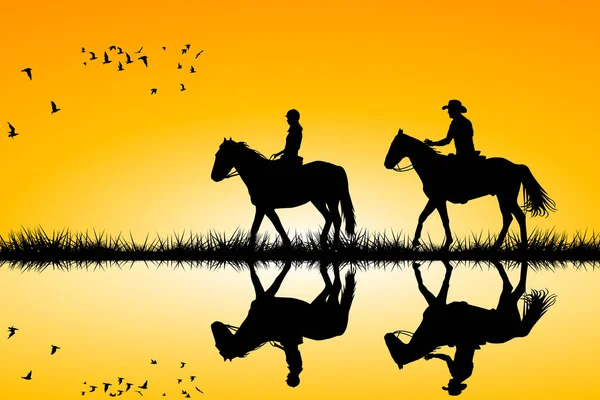 Два всадника на лошадях стоят вместе на закате — стоковый вектор