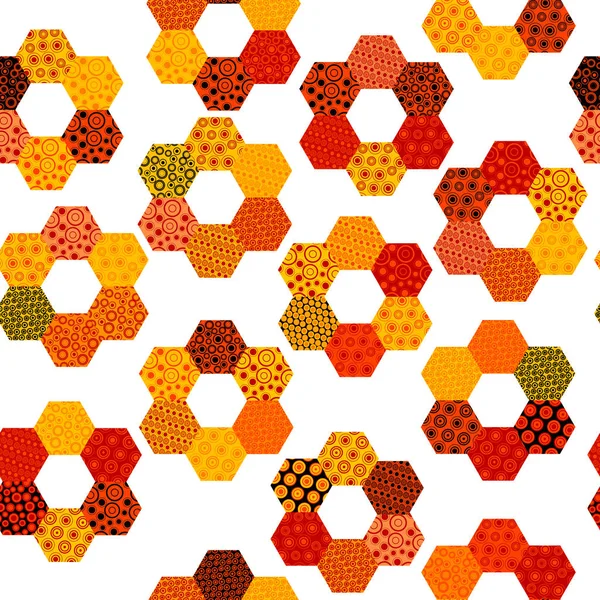 Patrón de retazos con flores hechas de parches hexagonales — Vector de stock