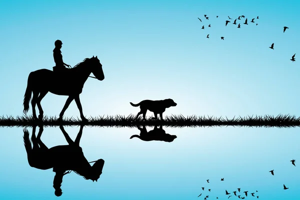 Женщина на лошади и собаке — стоковый вектор