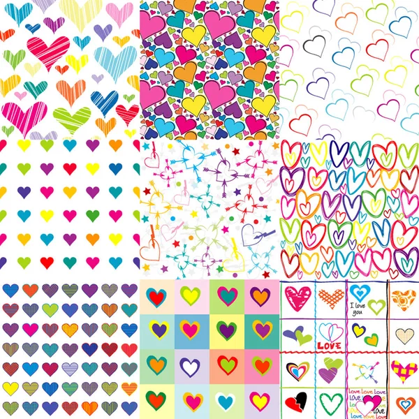 Set of nine colorful patterns for Valentines day — Stock Vector