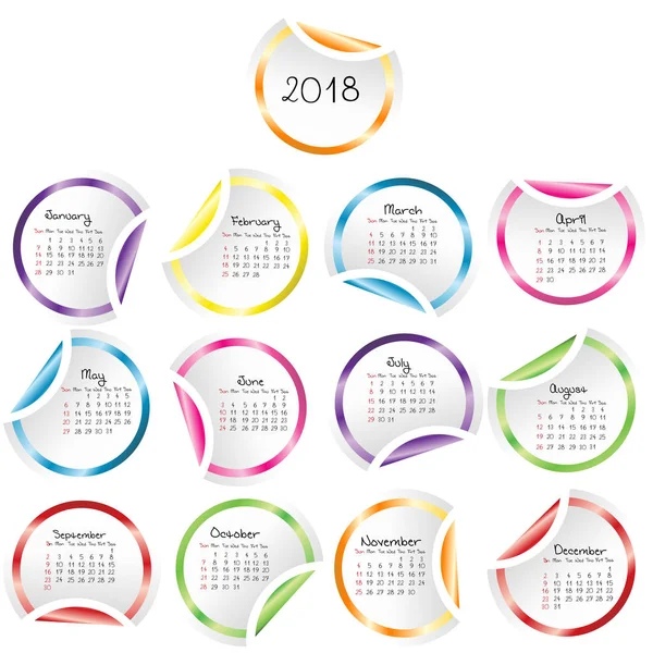 2018 kalendarz z okrągłe naklejki błyszczące — Wektor stockowy