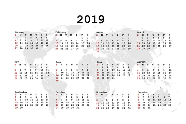 Calendario 2019 para agenda con mapa del mundo — Vector de stock