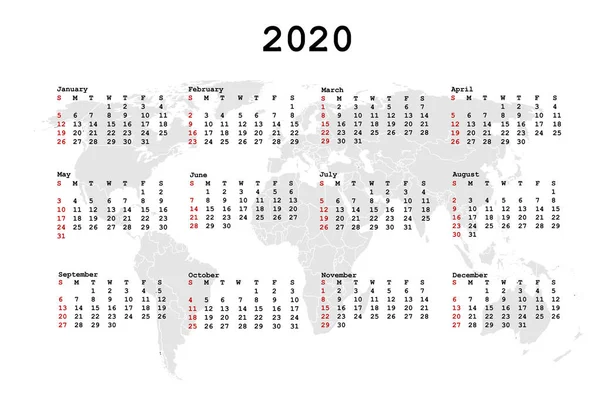 Calendario 2020 para la agenda con mapa mundial — Vector de stock