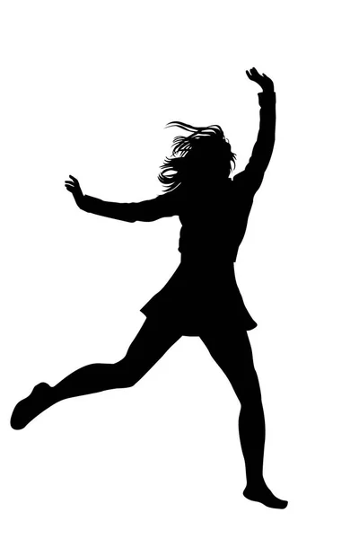 Silhueta de uma jovem pulando com as mãos para cima —  Vetores de Stock