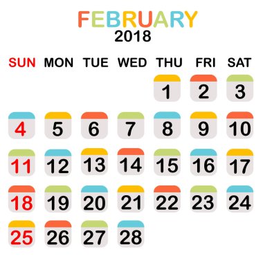 Renkli Şubat 2018 takvim