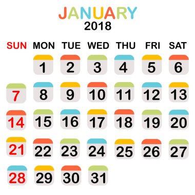 Renkli Ocak 2018 takvim
