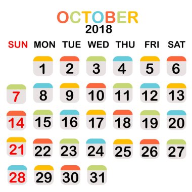 Renkli Ekim 2018 takvim