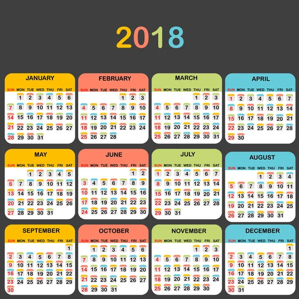 2018 kalendarz na czarnym tle — Wektor stockowy