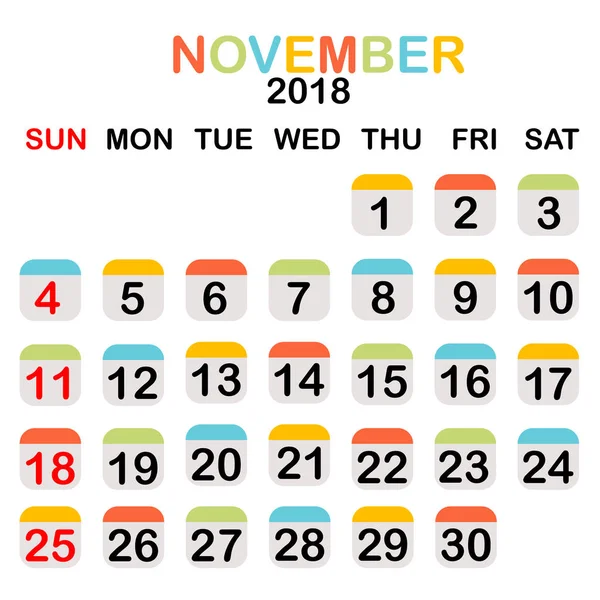 Color noviembre 2018 calendario — Archivo Imágenes Vectoriales