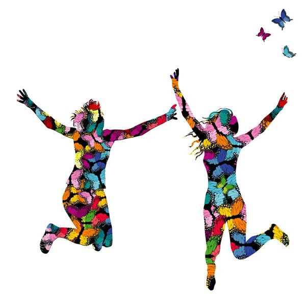 Illustratie van de Collorful met silhouetten van vrouwen springen en col — Stockvector
