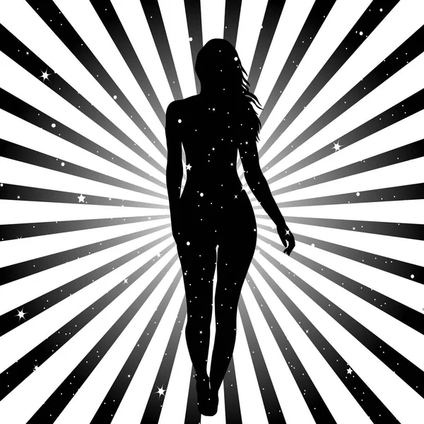 Sunburst con stelle e silhouette donna — Vettoriale Stock
