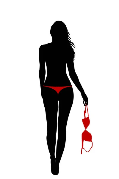 Vista posteriore della giovane donna che tiene il reggiseno rosso — Vettoriale Stock