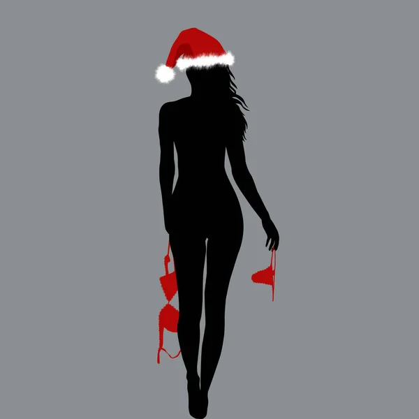 Naked Santa woman silhouette holding her lingerie in her hands — Stock Vector