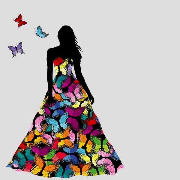 Πολύχρωμες σιλουέτες της γυναίκας με πεταλούδες — Διανυσματικό Αρχείο