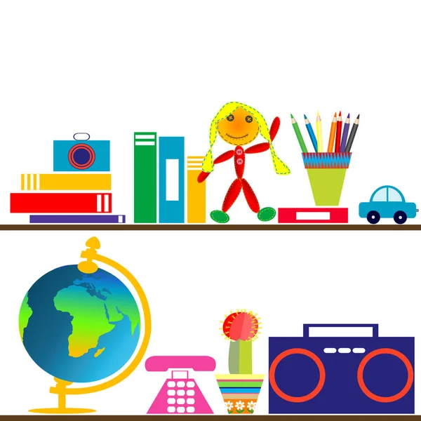 Livres et jouets sur étagères — Image vectorielle