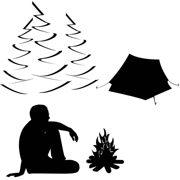 Turismo maschile seduta vicino a falò e tenda — Vettoriale Stock