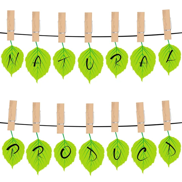 Naturproduktkonzept mit grünen Blättern, die an Seilen hängen — Stockvektor
