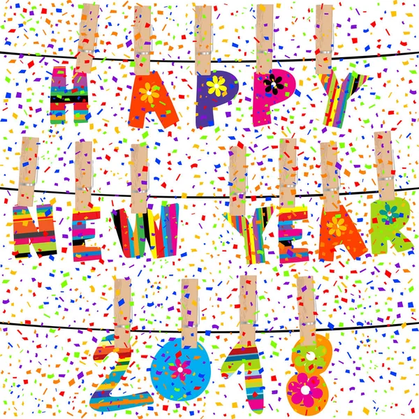 Mutlu yeni yıl 2018 kelime giyim mandal ip üzerinde asılı — Stok Vektör