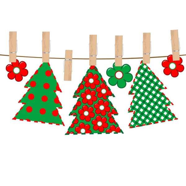 Patchwork con árbol de Navidad colgado en una cuerda en clavijas de tela — Vector de stock