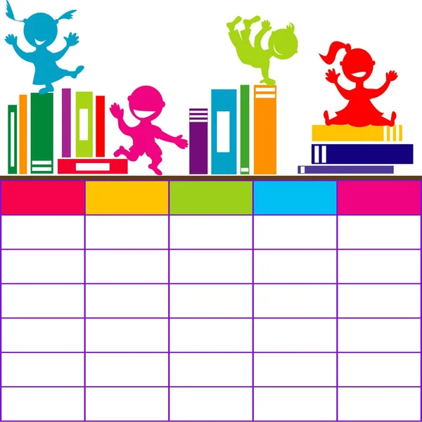 Horario escolar con libros y dibujos animados niños jugando — Vector de stock