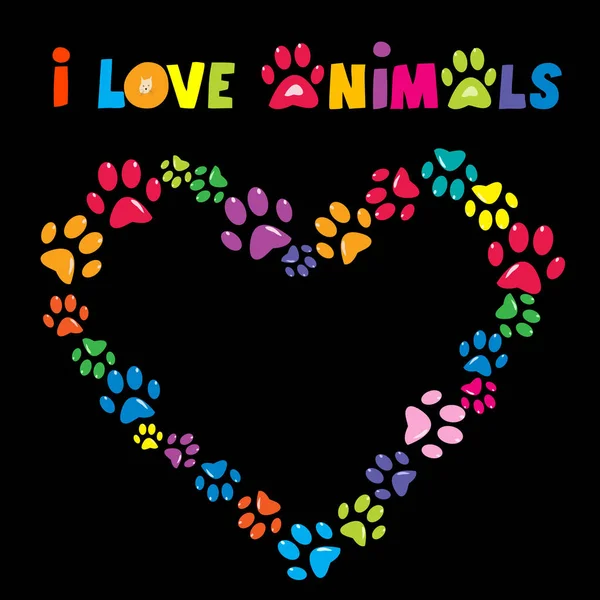 I love animals card with colorful paw prints heart frame — Stock Vector