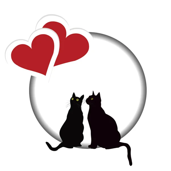 Tarjeta de San Valentín con dos gatos y dos corazones — Vector de stock