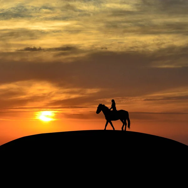 Jezdce na koních žena při západu slunce — Stock fotografie