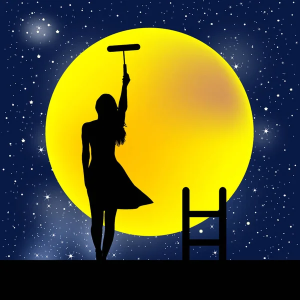 Woman silhouette with ladder on the roof — Stock Photo, Image