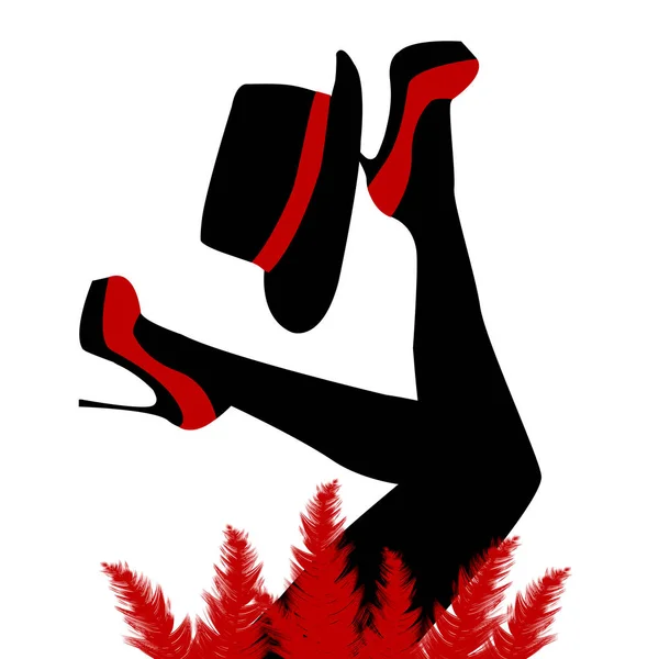 Bela dançarina de cabaré com sapatos vermelhos e chapéu — Vetor de Stock