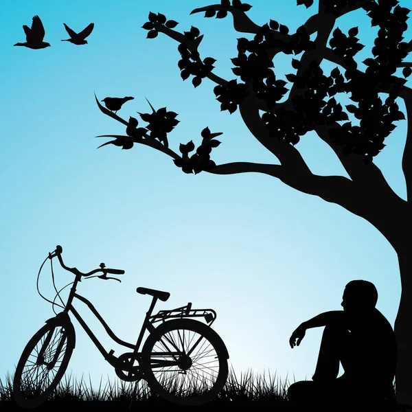 Relaksujące rowerzysta pod drzewem — Wektor stockowy