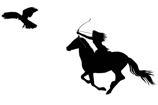 Silhouette of an amazon warrior woman riding a horse with bow an — Stock Vector