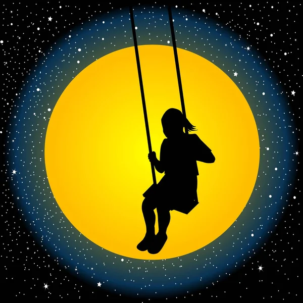 Child having fun on a swing in the night — Stock Vector