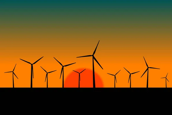 Paysage avec des silhouettes noires de moulins à vent au lever du soleil — Image vectorielle