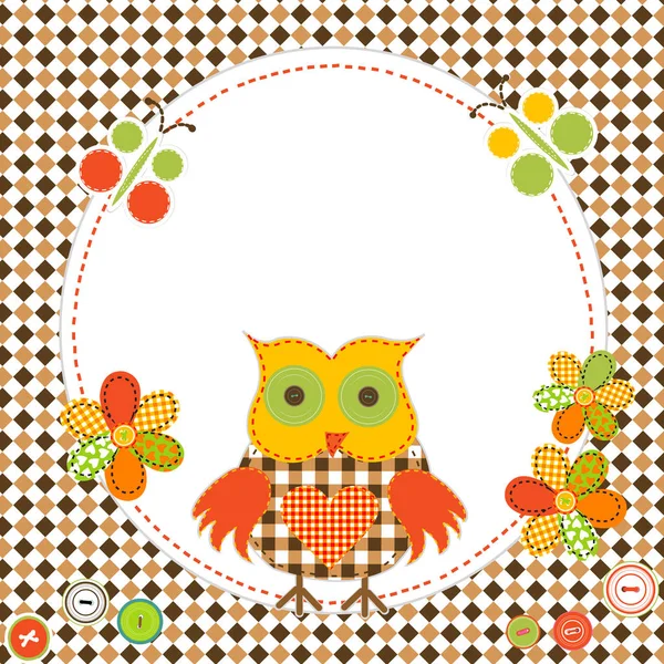 Round frame with cartoon owl in patchwork style — Stock Vector