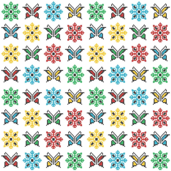 Bunte traditionelle Stickereien mit Schmetterlingen und Blumen — Stockvektor