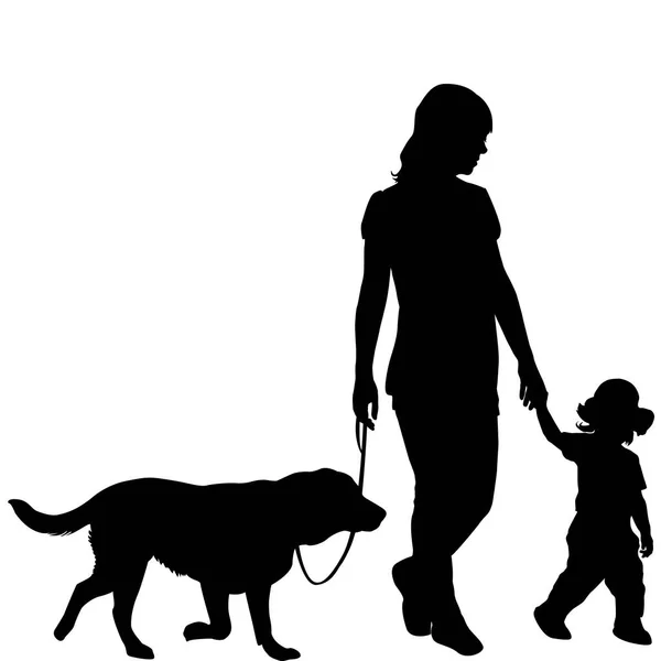 Siluetas de mujer con niño y perro — Archivo Imágenes Vectoriales