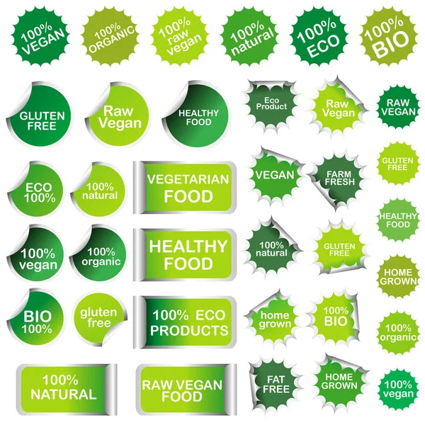 Aufkleber und Etiketten für gesunde Lebensmittel und Naturprodukte — Stockvektor