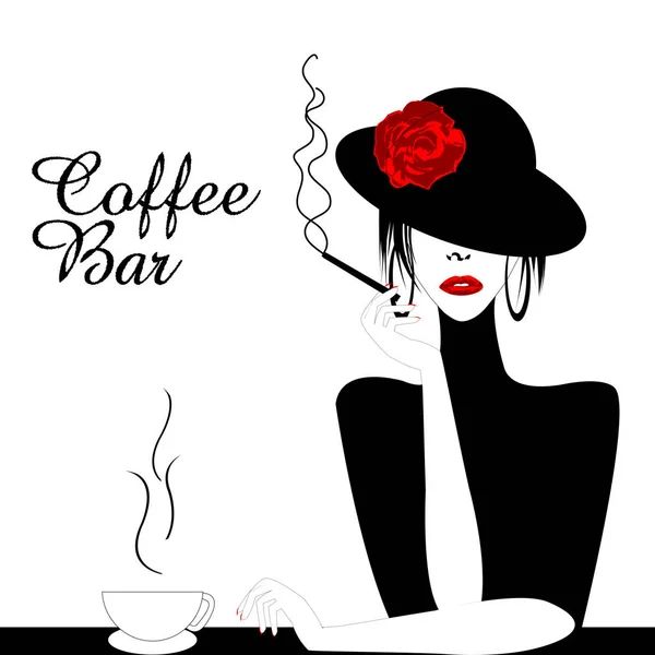 Coffee Bar illustratie met vrouw roken sigaret — Stockvector