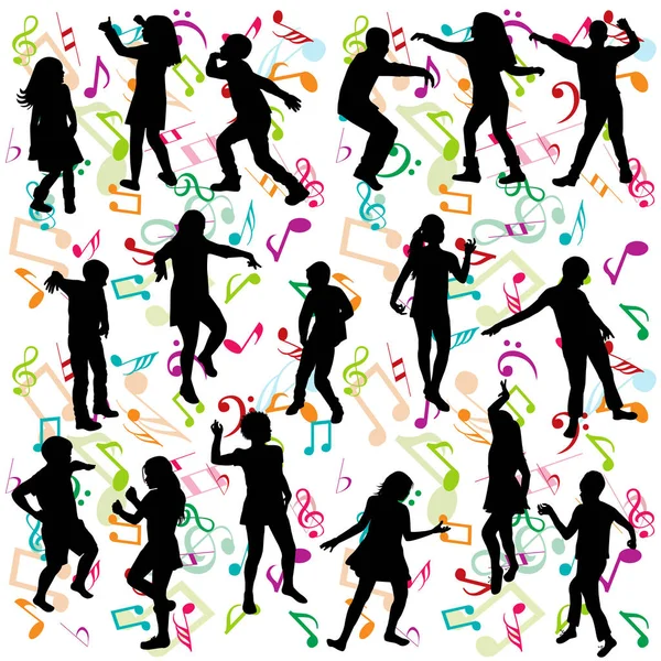 Arrière-plan avec silhouettes d'enfants dansant — Image vectorielle