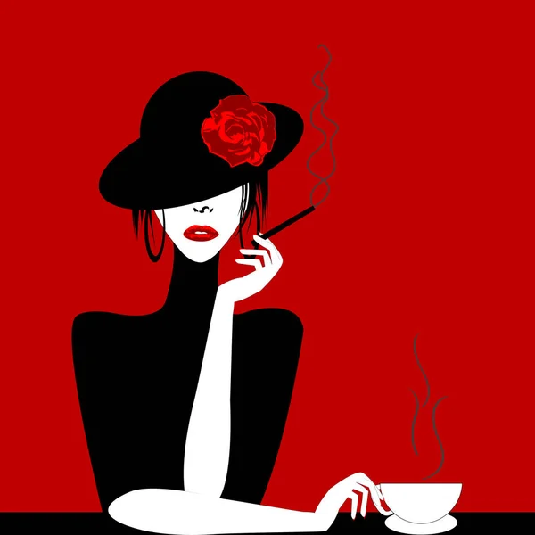 Femme stylisée avec cigare et tasse de café — Image vectorielle