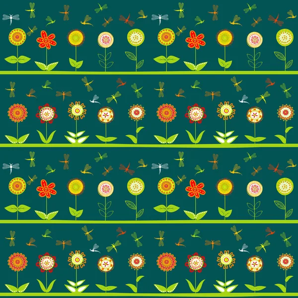 Rangées de fleurs et libellules stylisées — Image vectorielle