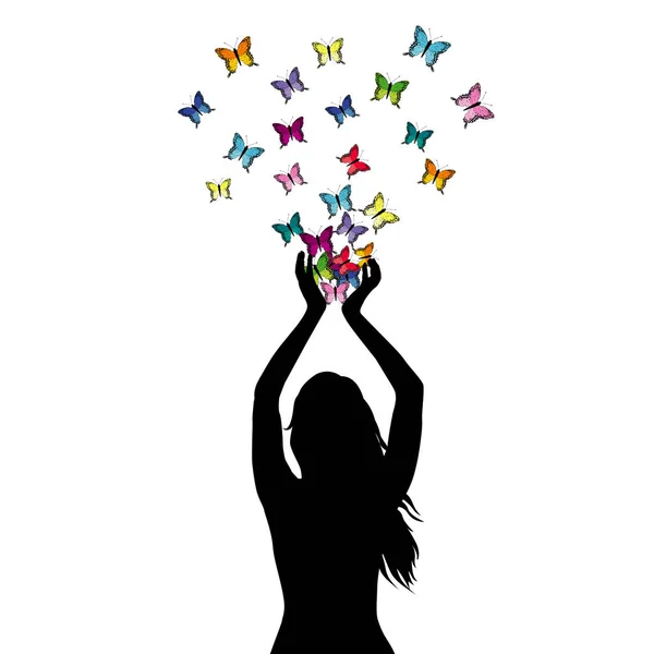 Abstrakta illustrationen av en kvinna siluett med fjärilar flyga — Stock vektor
