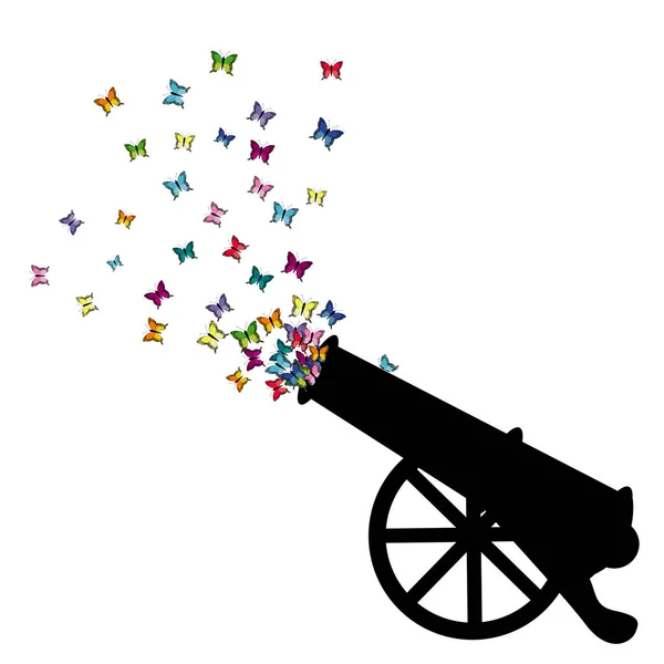 Abstrakte Illustration mit Kanonensilhouette und farbigem Schmetterling — Stockvektor