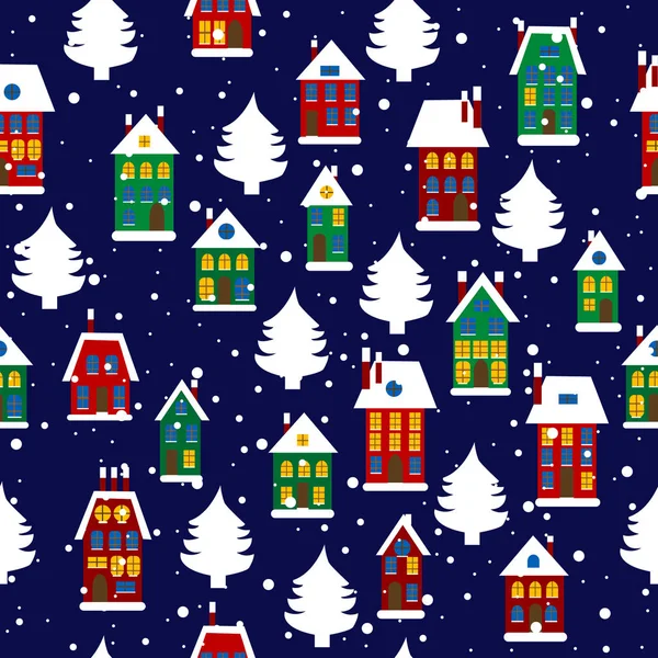 Winter Rural seamless pattern with houses and Christmas trees — Stock Vector