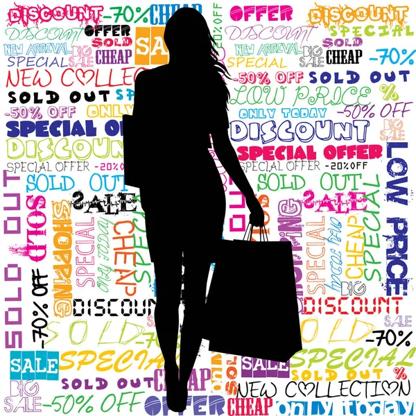 Silhouette of woman with shopping bags on promotional messages b — Stock Vector