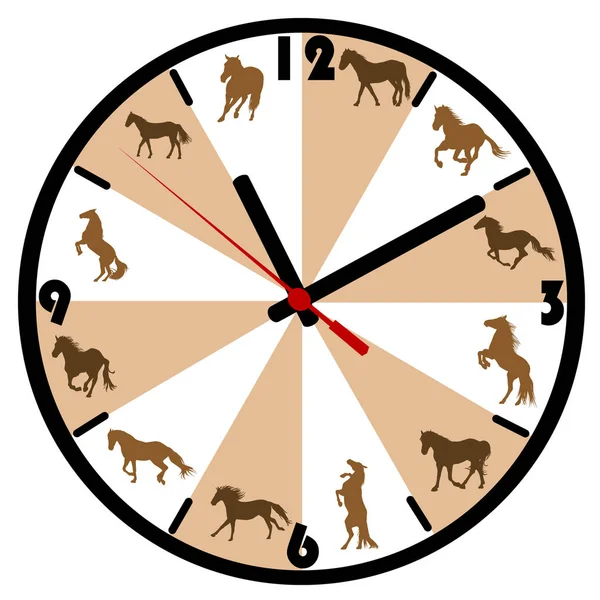 Reloj de pared con siluetas de caballo — Vector de stock