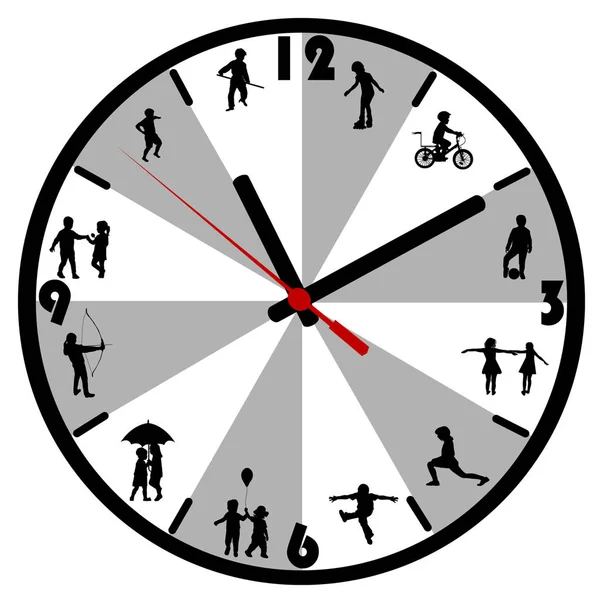 Настінний годинник з силуетами дітей — стоковий вектор